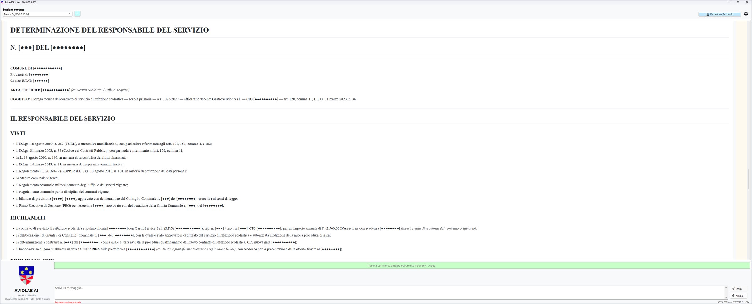 Screenshot della bozza di Determinazione del Responsabile del Servizio prodotta da TTR-SUITE: intestazione con Comune, Provincia, codice ISTAT, Area/Ufficio, oggetto «Proroga tecnica del contratto di servizio di refezione scolastica» con riferimento al CIG e all'art. 120 co. 11 D.Lgs. 36/2023; sezione «II. RESPONSABILE DEL SERVIZIO» con i VISTI (D.Lgs. 18 agosto 2000 n. 267 TUEL, D.Lgs. 31 marzo 2023 n. 36, ecc.) e i RICHIAMATI (contratto in scadenza, deliberazioni del Consiglio Comunale, bando di gara già pubblicato).